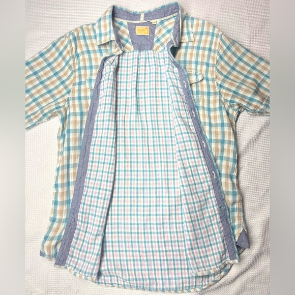 True Grit Men's Teal & Tan Plaid Button-Up Short Sleeve Shirt Size Large - Picture 12 of 14